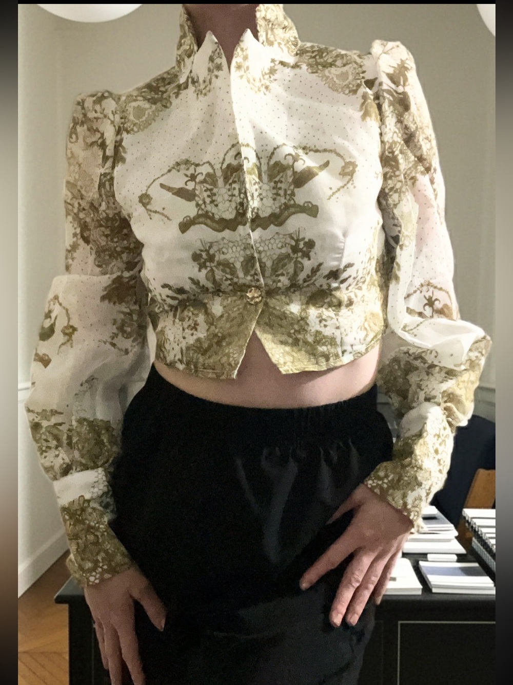 MOTF Cropped Baroque-Print Long Sleeve Blouse in Cream and Olive